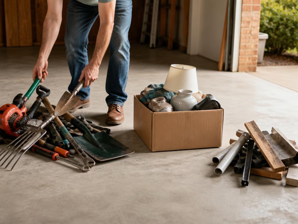 Items sorted into resale, donation and recycling piles during a garage reset